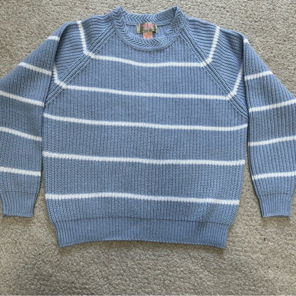 Vintage American Weekend Light Blue With White Stripes Knit Sweater Women Small